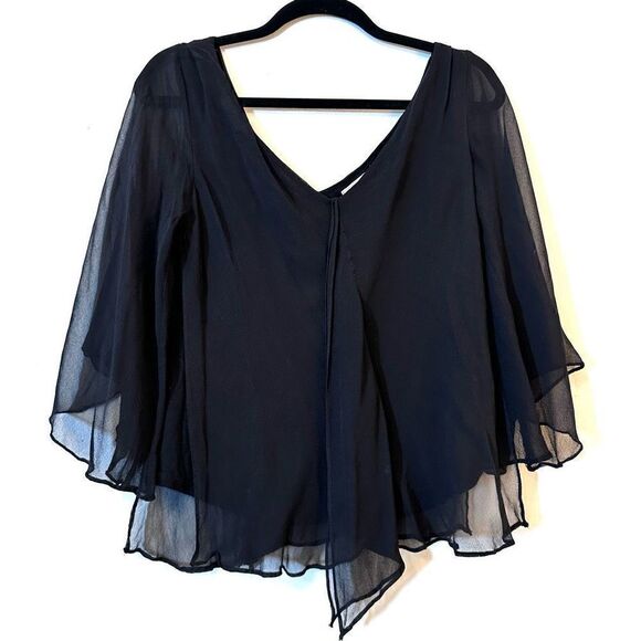 Matty M Bell Sleeve V Neck Silk Chiffon Sheer Blouse Top Black Small - Picture 1 of 3